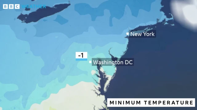 Weather map showing temperature in Washington DC