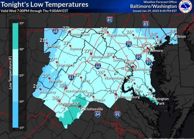 A map of the Washington and Maryland area shows temperatures forecast to drop below freezing overnight