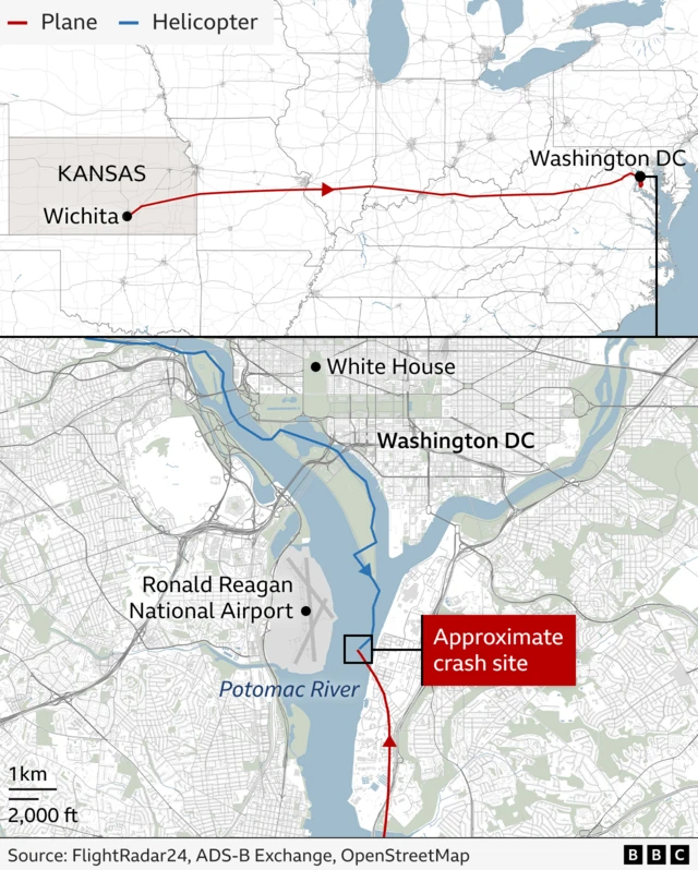 Two maps. First one shows the flight path of the American Airlines flight, starting in Wichita, Kansas and ending in Washington DC. The second map is of Washington DC, showing where the plane and military helicopter collided over the Potomac River near Ronald Reagan National Airport.