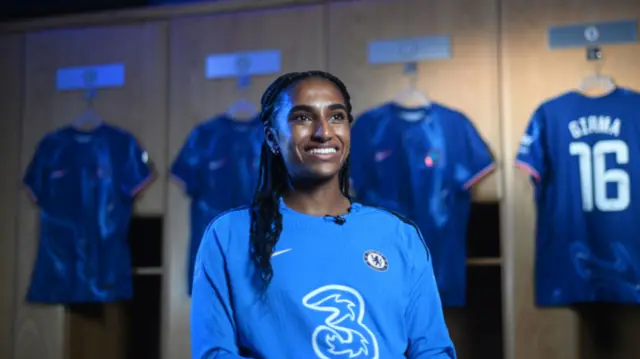 Naomi Girma poses for a photograph as she signs for Chelsea FC Women at Stamford Bridge