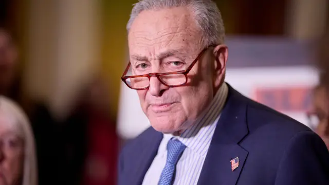 Chuck Schumer looks past the camera. He is wearing brown-rimmed glasses, a navy blazer, a blue-striped shirt, and a light blue tie. He has grey hair and blue eyes.