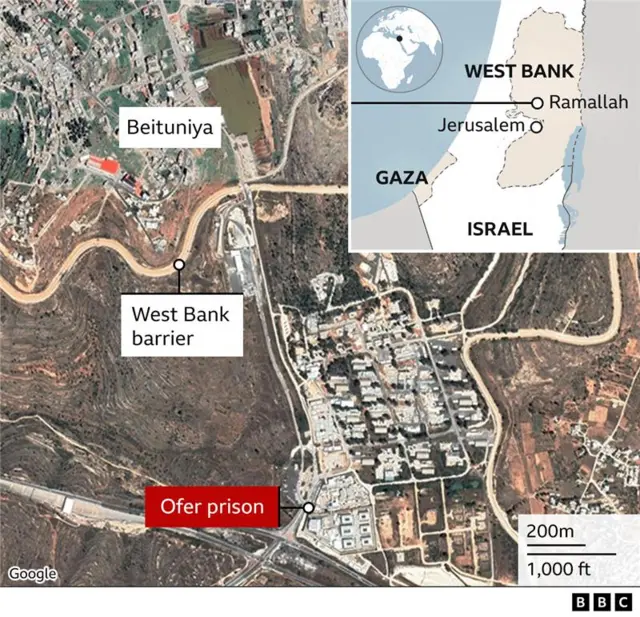 Map showing Ramallah, Beituniya and Ofer prison