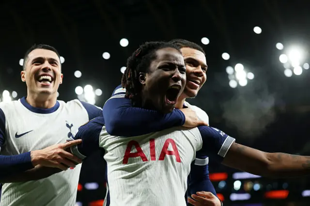 Damola Ajayi of Tottenham Hotspur celebrates scoring his team's second goal with teammates Pedro Porro and Dane Scarlett