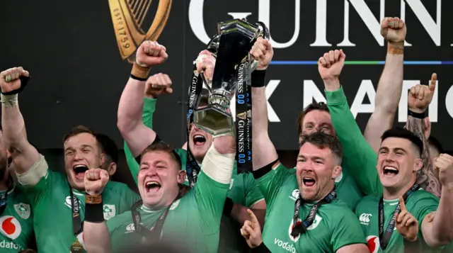 Ireland celebrate the 2024 Six Nations title by lifting the trophy