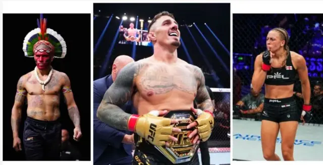 Alex Pereira wearing traditional head dress, Tom Aspinall holding his UFC title and Dakota Ditcheva putting her finger to her lips