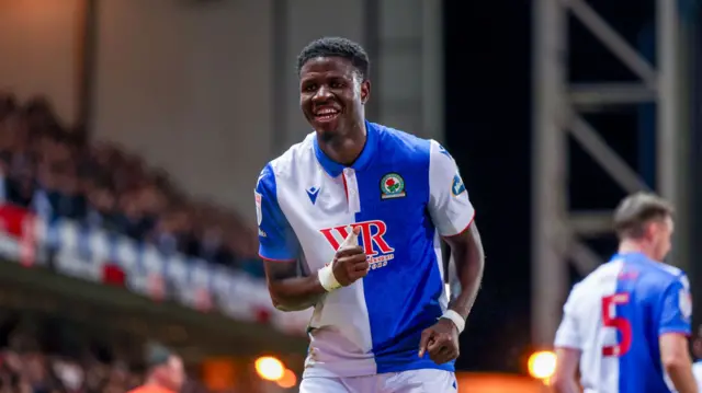 Blackburn Rovers forward Makhtar Gueye (9) scores a goal and celebrates