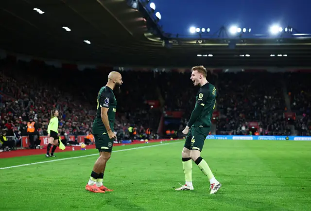 Bryan Mbeumo celebrates with Sepp van den Berg