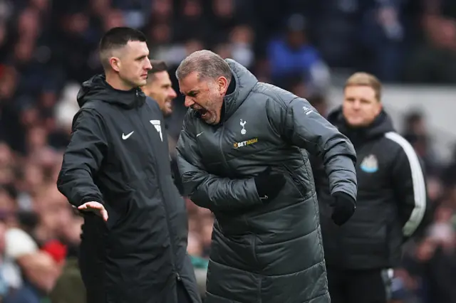 Ange Postecoglou, Manager of Tottenham Hotspur, reacts