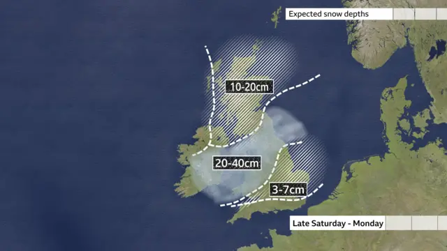 UK map split into sections by dotted white lines highlighting the snow depth expected over the weekend. Scotland and parts of Northern Ireland marked for 10-20cm, Midlands, Wales and northern England marked for 20-40cm, London and parts of southern England marked for 3-7cm