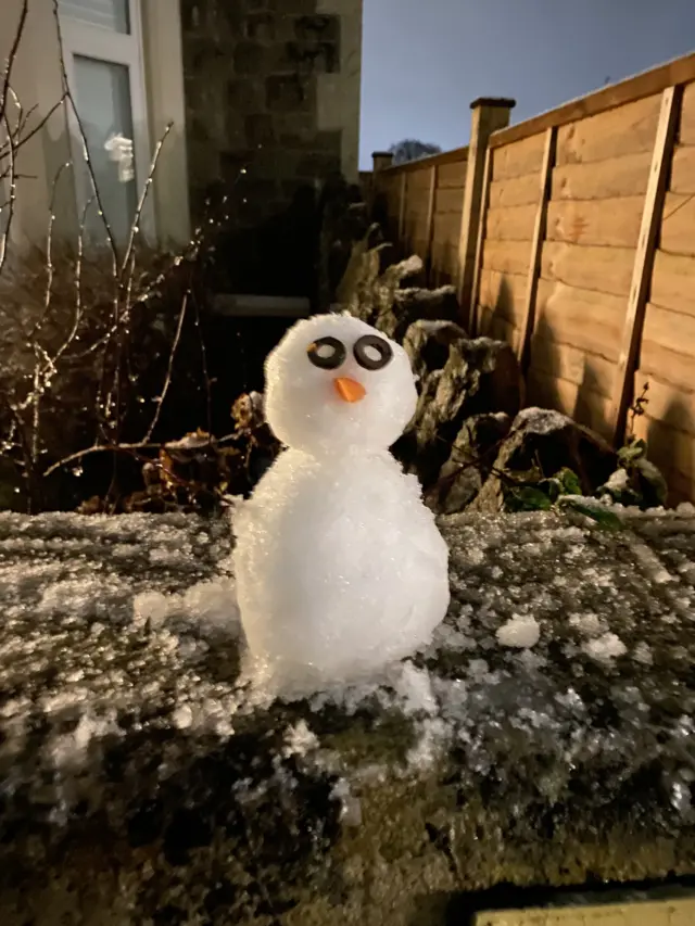 A tiny snowman with eyes made out of olives sits on a wall.