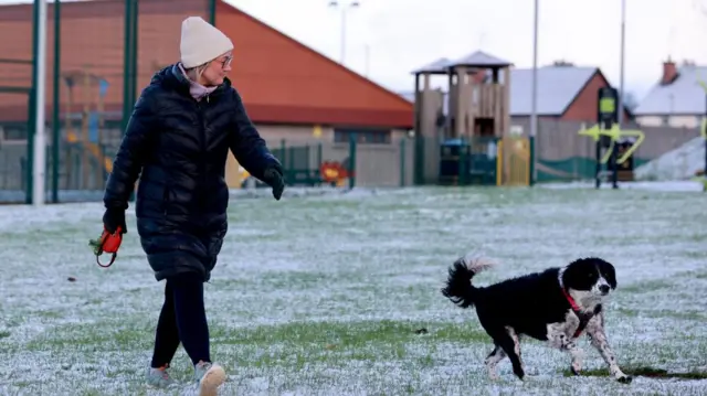 Woman walks her black and white dog on a field covered with a dusting of white snow, a children's playground is blurred in the background