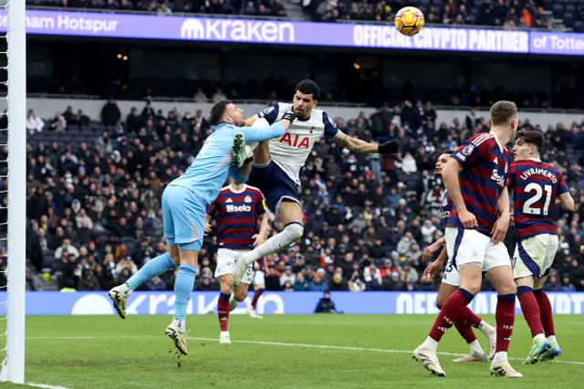 Dominic Solanke of Tottenham Hotspur challenges Newcastle United goalkeeper Martin Dubravka