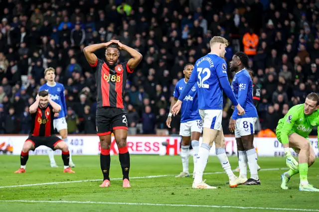 Antoine Semenyo of Bournemouth after he sees his shot saved