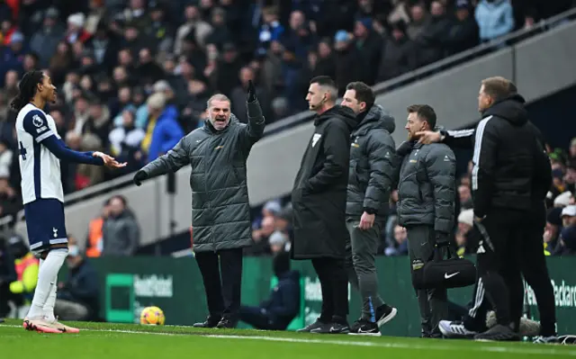 Ange Postecoglou, Manager of Tottenham Hotspur, reacts