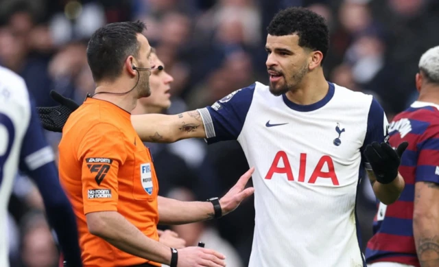 Tottenham Hotspur's Dominic Solanke remonstrates with referee Andy Madley