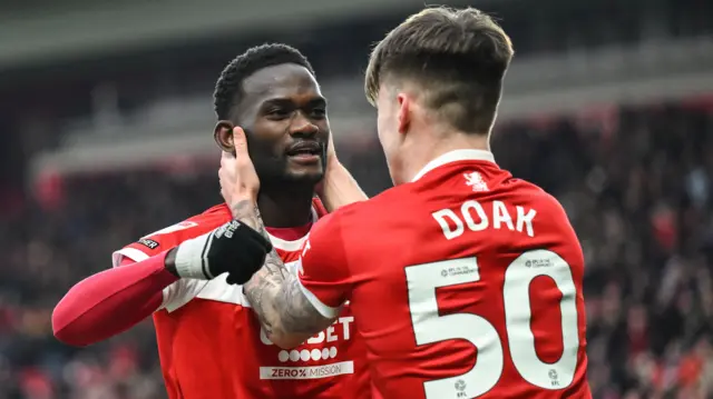 Middlesbrough's Emmanuel Latte Lath celebrates with Ben Doak