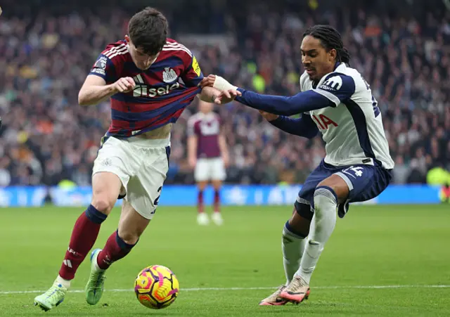 Tino Livramento vies with Tottenham Hotspur's English defender Djed Spence