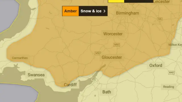 A screengrab image of the boundaries of the amber weather warning. An orange circle surrounds most of the Midlands and parts of Gloucestershire.