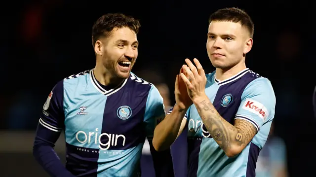 Wycombe's Luke Leahy and Aaron Morley celebrate after beating Exeter