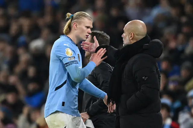 Erling Haaland is substituted off and embraces Pep Guardiola