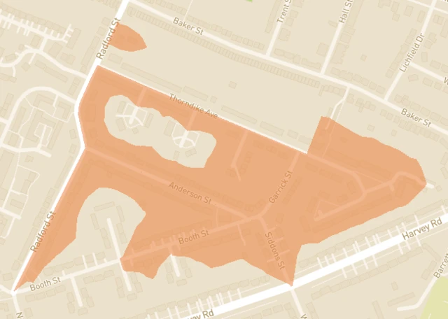 A map showing streets with orange shading over the areas affected by the power cut