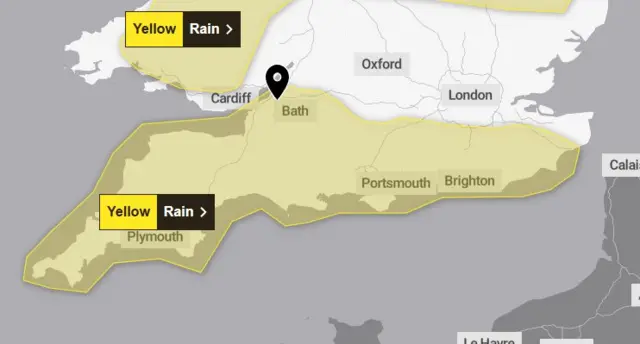 A map showing a large yellow weather warning for rain covering almost all of southern England. All of the South West is covered, and along the south coast up to the far east of Kent. The warning stretches as far north as South Gloucestershire, and then eastwards to the southern reach of the M25.