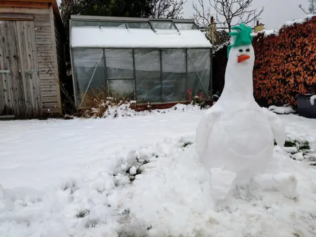 A penguin made from snow with an carrot for a nose and green head wear