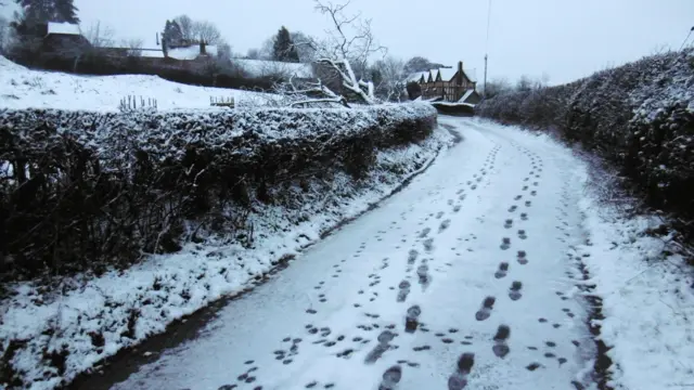 A snowy rural road, with human and animal footprints going up and down it. Snow covers hedges on each verge and a field to the left. The roof of a traditional timber house in the distance is covered with snow.