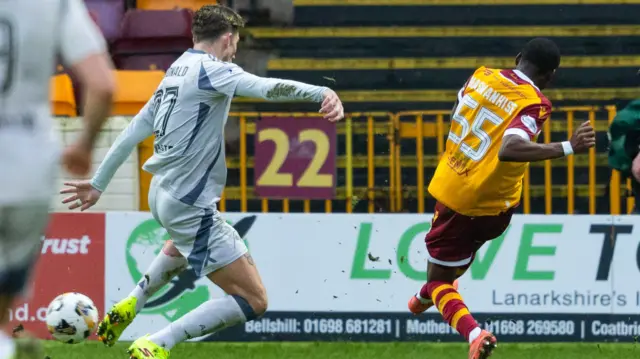 Tawanda Maswanhise scores for Motherwell against Aberdeen