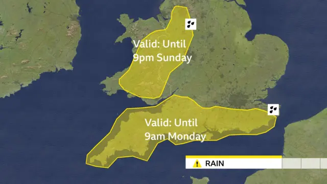 Yellow warning for south england and wales on map