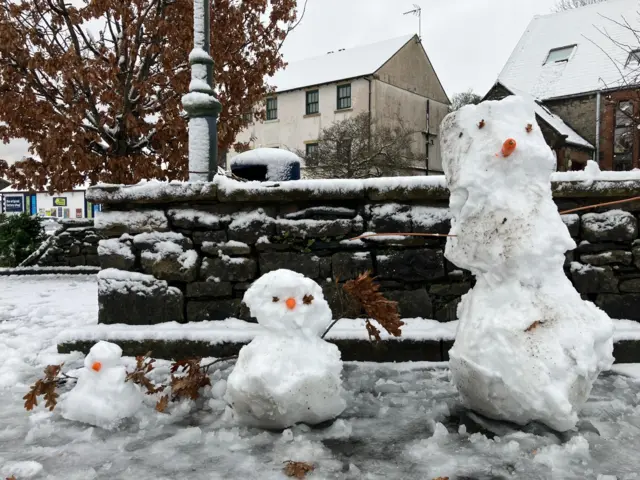 Three snowmen going up in size from left to right small to large. The snowmen have carrots for noses and leaves for eyes