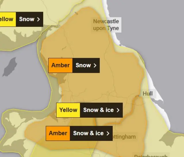 A map showing the amber warning area from the Met Office