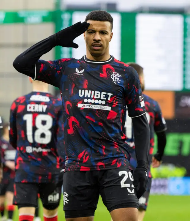 Rangers Hamza Igamane scores to make it 1-0 during a William Hill Premiership match between Hibernian and Rangers at Easter Road