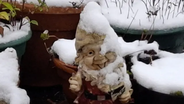 A garden gnome on a patio with a big grin partially hidden under snow on its hat and face. Snow also covers plants in pots around the gnome.