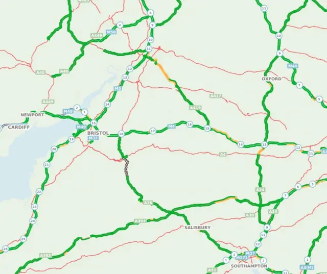 A traffic map showing the conditions on the major roads in the West Country. Almost all of the routes are green, indicating they are clear, and there are no warnings about any major incidents.