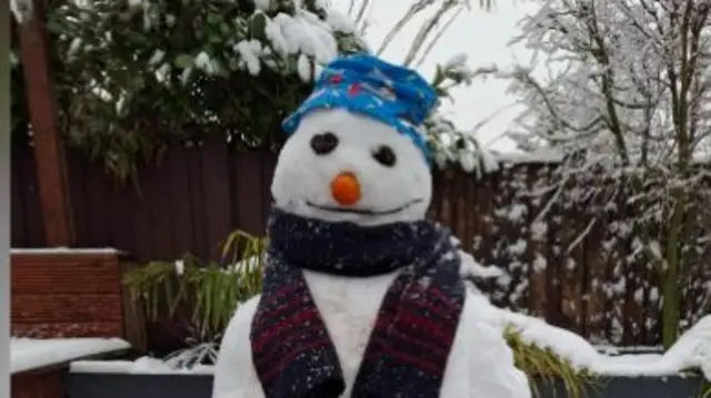 A snowman wearing a blue hat and checked scarf