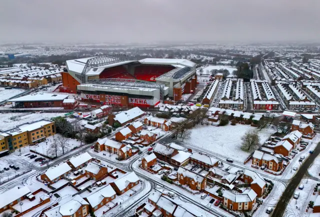 Anfield and the surrounding areas covered in a blanket of snow