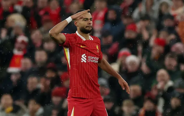 Gakpo celebrates his goal with a salute