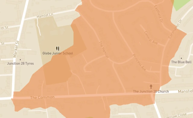 A map showing areas affected by the power cut shaded in orange