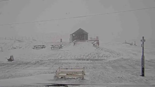 A screenshot of the view from a webcam, it shows white snow covering an area with a small hut, benches and a lamppost