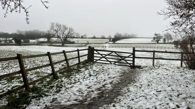 Fields in the Cotswolds covered in a light shower of snow. Fence are in the front of the shot, with trees in the distance