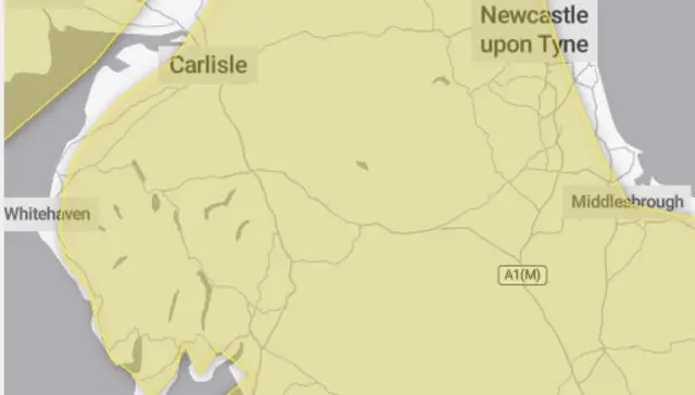 A map of the North East and Cumbria showing all but the coastal areas covered in yellow