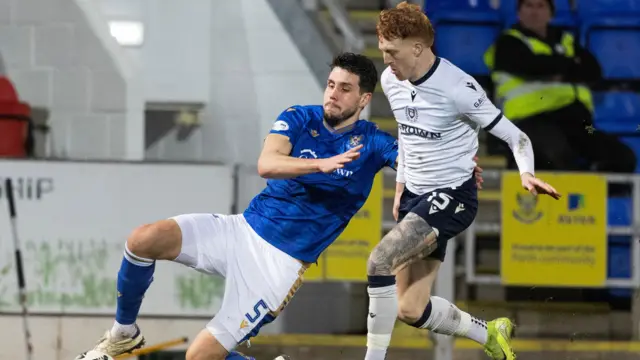 St Johnstone's Jack Sanders and Dundee's Simon Murray