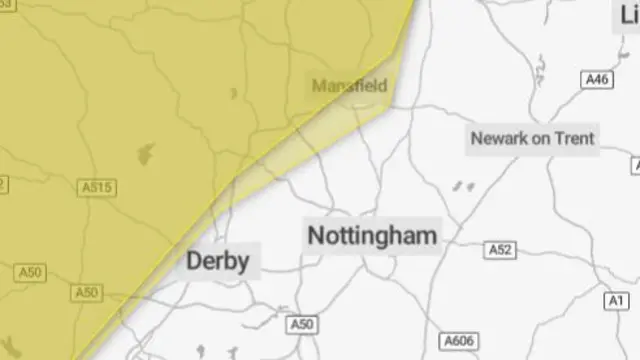 A map of Nottinghamshire and Derbyshire with shaded yellow area when the warning is in place