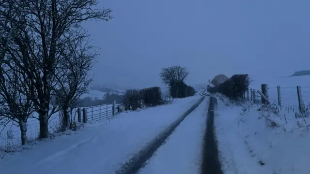 A snowy road in Bettws Gwerfil Goch, Denbighshire