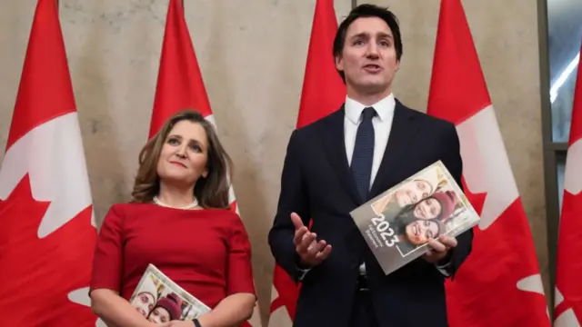 Chrystia Freeland, Canada's deputy prime minister and finance minister, left, and Justin Trudeau, Canada's prime minister, before releasing the 2023 Fall Economic Statement in Ottawa, Ontario, Canada, on Tuesday, Nov. 21, 2023.