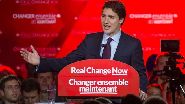 Trudeau speaks to supporters following his election win in 2015.