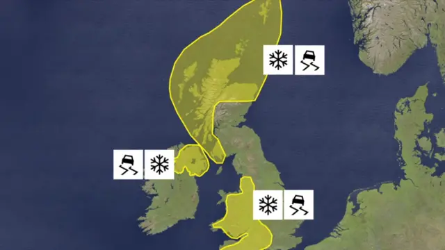 A map of the UK shows Scotland, Northern Ireland, Wales and the south-west of England covered by a yellow snow and ice weather warning