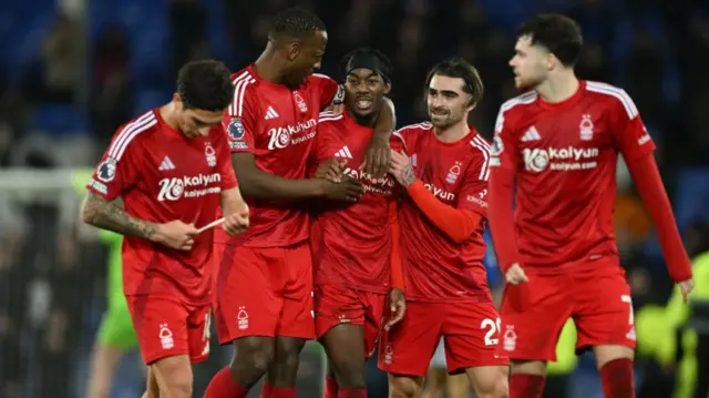 Nottingham Forest players celebrate after scoring against Everton