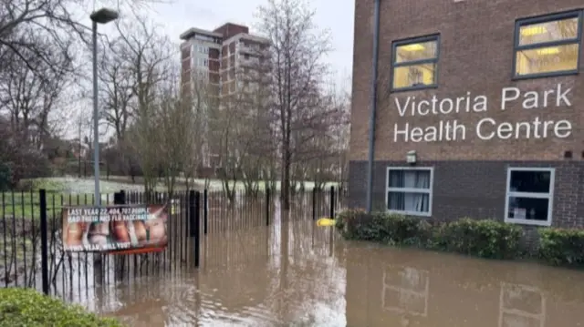 Floodwater outside a medical centre